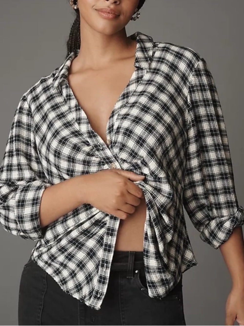Pilcro Keaton Ruched Collared Blouse Anthropologie Black & White Plaid